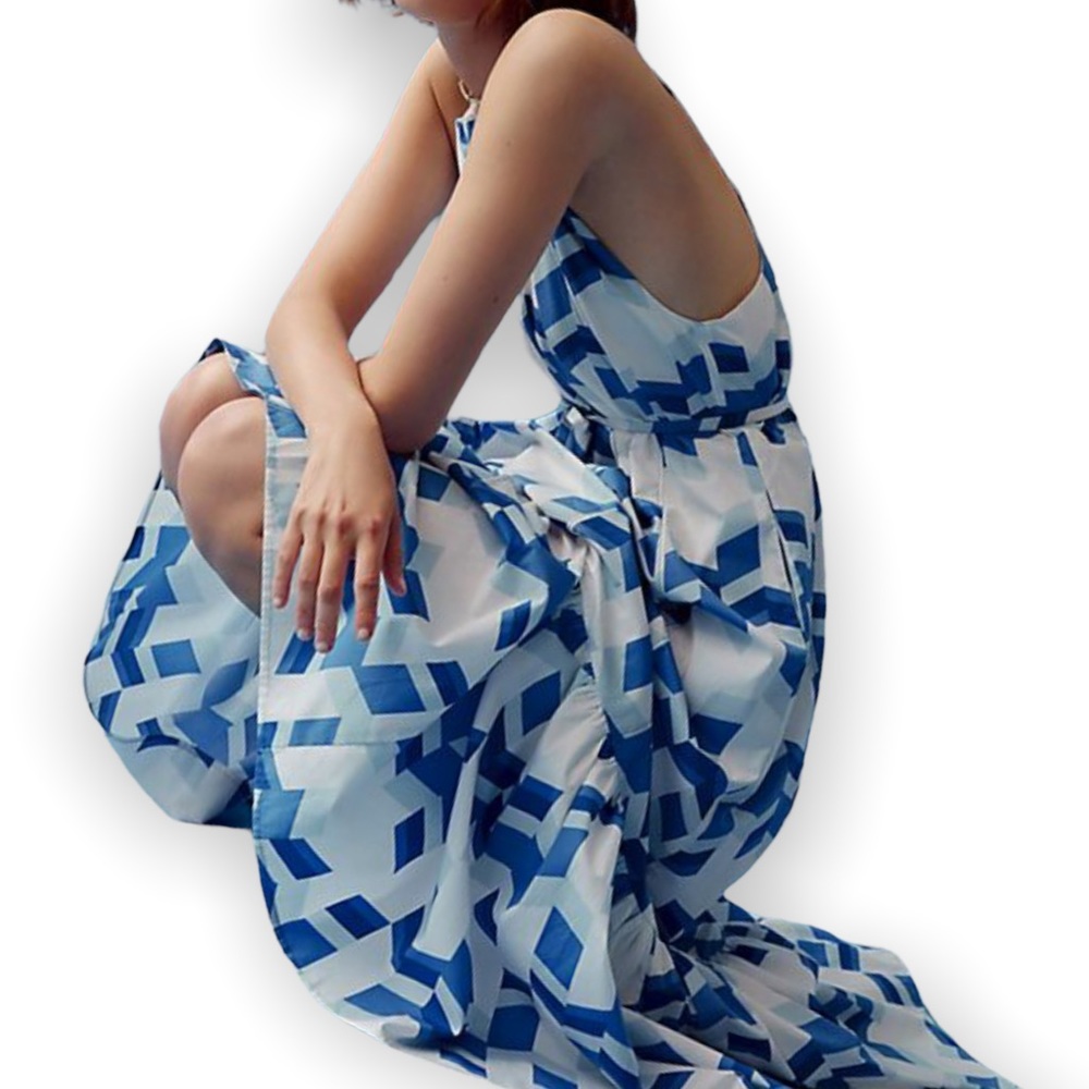 🥳 HP Peter Som x Anthropologie Larissa M Blue Print Tiered Belted Maxi Dress - Picture 2 of 8